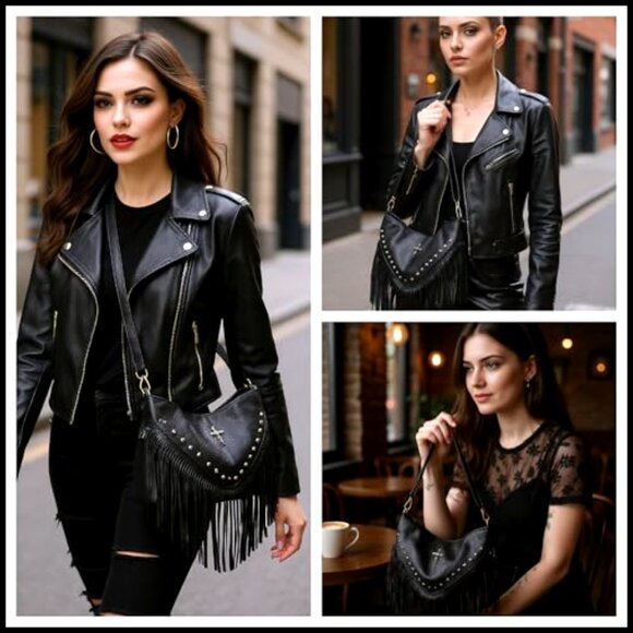Goth Punk Crossbody Bag Studded Rivet Fringe PU Leather Shoulder Purse - Picture 6 of 7